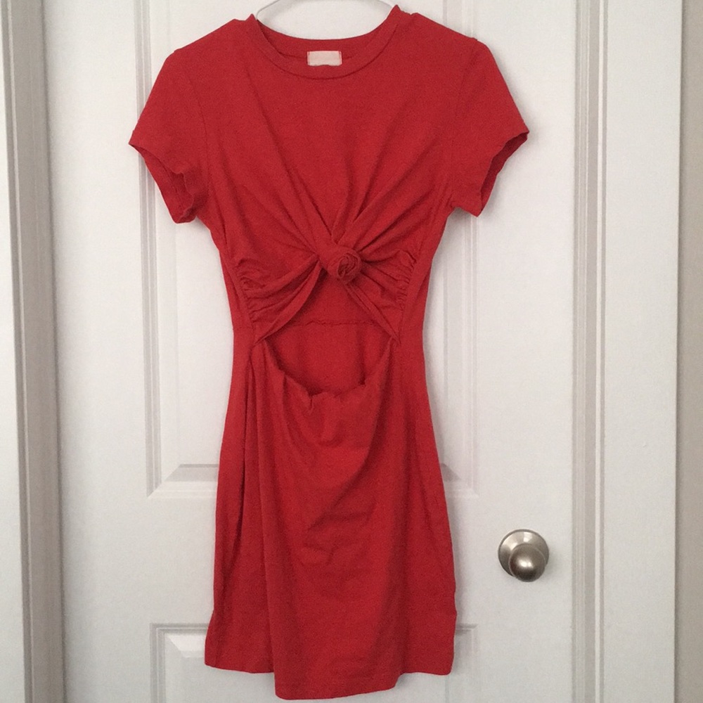 Silent noise red front tie T-shirt dress